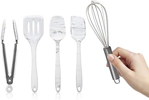 COOK WITH COLOR Silicone Cooking Utensils, Kitchen Utensil Set, Easy to Clean Silicone Kitchen Utensils, Cooking Utensils for Nonstick Cookware, Kitchen Gadgets Set, Mini, Marble White by CookwithColor