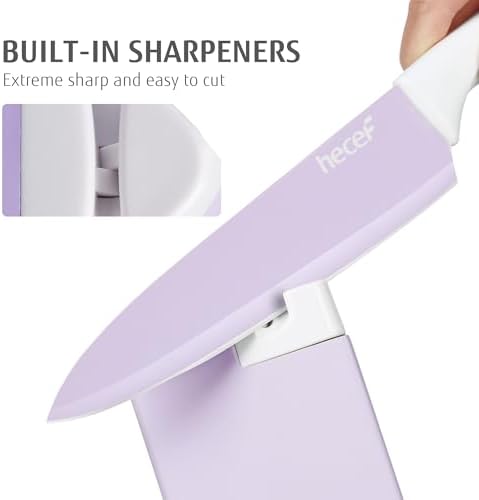 hecef 15 Pieces Kitchen Knife Set with Built-in Sharpening Wooden Block, Dishwasher Safe, High Carbon Stainless Steel Knife Block Set with Steak Knives, Kitchen Scissors, Purple - Image 4