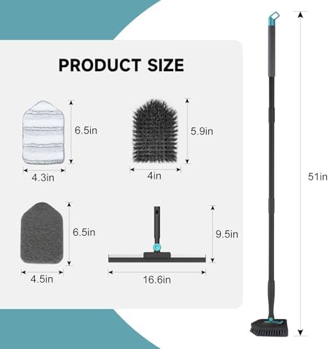 nacena Shower Scrubber with Long Handle, 4 in 1 Tile Tub Scrubber Brush with 3 Detachable Cleaning Shower Heads and Floor Squeegee Shower Cleaner Brush for Bathroom Kitchen Tub Sink Floor, Black - Image 2