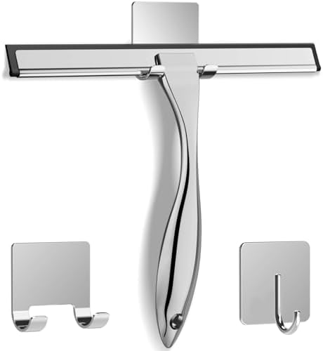 All-Purpose Stainless Steel Shower Squeegee for Shower Glass Door with 2 Adhesive Hooks, Bathroom Cleaner Tool Household Window Mirror Squeegee for Glass Doors, Cleaning Tile Wall, Car, 14 Inch Silver by DOCROK