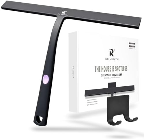 Squeegee for Shower Door 14 Inch Wide Blade, 11 Inch Short Handle One-Piece Silicone with Stainless Steel Core, Non-Slip Grip Window Squeegee for Bathroom Mirror Car Windshield, Aluminum Hook (Black) by RICHMIRTH