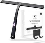 Squeegee for Shower Door 14 Inch Wide Blade, 11 Inch Short Handle One-Piece Silicone with Stainless Steel Core, Non-Slip Grip Window Squeegee for Bathroom Mirror Car Windshield, Aluminum Hook (Black) by RICHMIRTH
