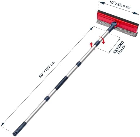 DSV Standard Professional Window Squeegee | 2-in-1 Window Cleaner Sponge and 10" Soft Rubber Strip with Extension Pole 50 Inch & 127 cm | Adjustable to Clean from Multiple Angles (Pack of 2) - Image 2