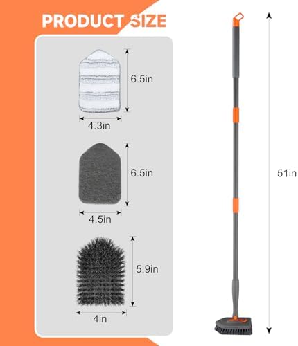 nacena Shower Scrubber with Long Handle, 3 in 1 Tile Tub Scrubber Brush with 3 Detachable Cleaning Heads Adjustable Handle Shower Cleaner Brush for Bathroom, Kitchen, Toilet, Wall, Sink, Grey Orange - Image 2