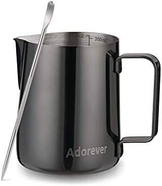 Milk Frothing Pitcher, 350ml (12oz) Steaming Pitchers Stainless Steel Milk Coffee Cappuccino Latte Art Barista Steam Pitchers Milk Jug Cup with Decorating Art Pen, Bright Black by Adorever