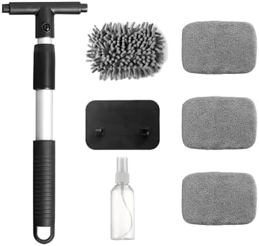 Car Windshield Cleaner Tool Kit with Extendable Handle, Vehicle Window Cleaner with 4 Microfiber Pads and 1 Empty Spray Bottle, Auto Windscreen Cleaning Tool, Universal Fit (Rectangular) - Image 2