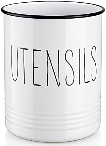 Bivvclaz Kitchen Utensil Holder, 6.7" Utensil Holder for Kitchen Counter, Cooking Utensil Crock with Cork Bottom, Modern Farmhouse Decor, Countertop Utensil Storage Caddy Organizer, White by Bivvclaz