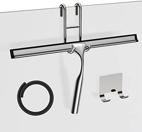 14-Inches Stainless Steel Shower Squeegee Set, Include Shower Door Hook, Adhesive Hook and Spare Silicone Blade, Window Squeegee for Shower Glass Door, Bathroom, Mirror, Window and Car Glass by SSTOOHL