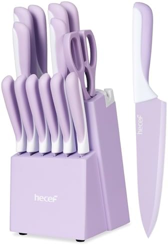 hecef 15 Pieces Kitchen Knife Set with Built-in Sharpening Wooden Block, Dishwasher Safe, High Carbon Stainless Steel Knife Block Set with Steak Knives, Kitchen Scissors, Purple by hecef