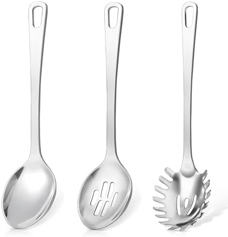 3 Pcs Stainless Steel Cooking Utensils Set, Heat Resistant Kitchen Utensils, Metal Kitchen Tools Include Solid & Slotted Spoon, Pasta Server, Ergonomic Handle, Dishwasher Safe, Easy to Clean, Silver by Unknown