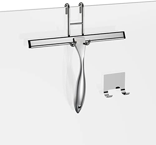 Shower Squeegee and Window Squeegee, Stainless Steel, 100% Streak-Free, Cleaner for Bathroom Showers Glass Doors, Home Mirrors, Car Windows Wiper, Adhesive Holder, Shower Door Hook, 10 Inch, Silver by SSTOOHL