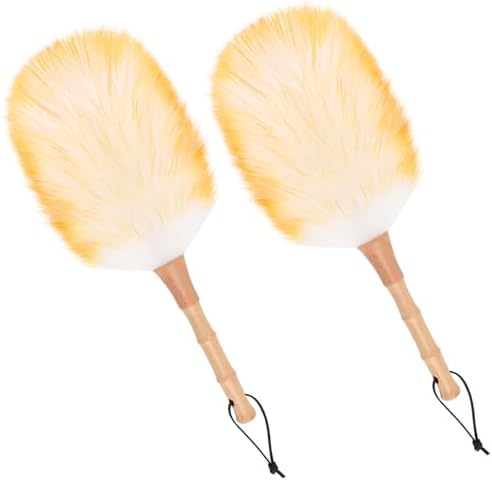 Lambswool Duster for Cleaning with Solid Wooden Handle Leather Hang Strap 14.9 inch Natural Feather Duster for Cleaning Ceiling Fans Window Blinds Computer Furniture(2 Pack) by iHUFeather