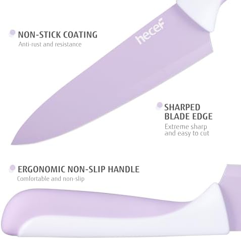 hecef 15 Pieces Kitchen Knife Set with Built-in Sharpening Wooden Block, Dishwasher Safe, High Carbon Stainless Steel Knife Block Set with Steak Knives, Kitchen Scissors, Purple - Image 3