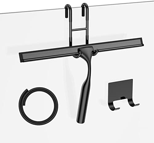 Black Shower Squeegee for Glass Door 12-Inch Bathroom Squeegee Window Wiper, with Shower Door Hook, Adhesive Hook, Spare Silicone Blade for Window Mirror Car All-Purpose Squeegee by SSTOOHL