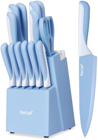 hecef 15 Pieces Kitchen Knife Block Set, Blue by hecef