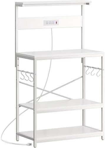 SUPERJARE Bakers Rack with Power Outlets, Microwave Stand, 31.5 X 16.5 Inch Larger Desktop, Kitchen Storage Rack with Adjustable Middle Shelf, 6 S-Shaped Hooks, Coffee Bar Stand, White by SUPERJARE