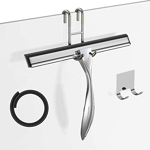 Shower Squeegee Set, 10-Inch Stainless Steel Squeegee for Bathroom, Shower Doors, Mirrors, Tiles, and Car Windows - 100% Streak Free, Includes Shower Door Hook, Adhesive Hook and Spare Silicone Blade by SSTOOHL