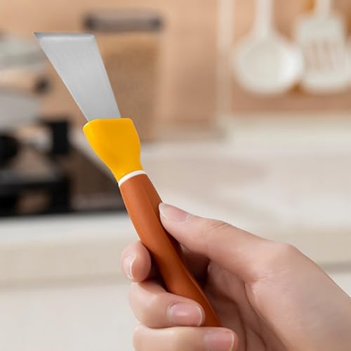 BESTonZON Multifunctional Kitchen Cleaning Spatula and Scrub Brush, Thickened Stainless Steel Dual-Head Stove and Refrigerator Scraper, Yellow Handheld Household Cooktop Cleaner Tool - Image 4