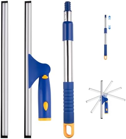 14" Window Cleaning Tool, All-Purpose Extendable Window Squeegee with 2 Blades and Stainless Steel Pole, Shower Squeegee for Glass Doors,Shower Doors, Windows, Bathroom and Car Windshields by ITTAHO