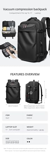 Men Travel Backpack vacuum compression Laptop Backpack Large Capacity Backpack 17 inch Extended Hiking Business backpack (black) - Image 2