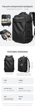 Men Travel Backpack vacuum compression Laptop Backpack Large Capacity Backpack 17 inch Extended Hiking Business backpack (black) - Image 2