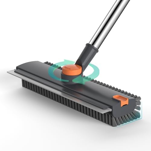 Floor Scrub Brush with Long Handle Length Adjustable, 3 in 1 Heavy-Duty Stiff 90° Bristle Floor Scrubber Broom with Squeegee, Cleaning Brush for Bathroom, Garage, Kitchen, Tile, Deck & Patio (Gray) by Unknown