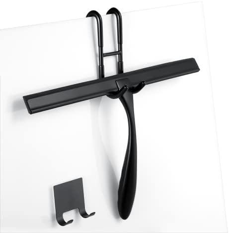 Shower Squeegee for Glass Doors,10-Inch Shower Glass Squeegee, Matte Black Shower Squeegee for Shower Doors,Mirror,Windows, with Shower Door Hook and Adhesive Hook by Steauty