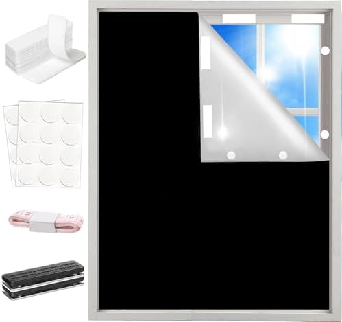 100% Blackout Window Cover Curtains for Bedroom 57x40Inch,No Drill,DIY Cut Portable Removable Black out Shades Blinds Cover for Baby Nursery,RV,Media Room,Hook&Loop Tape Straps Stickers,Magnetic Clips by ApisNest