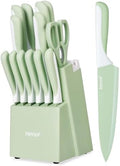 hecef 15 Pieces Green Kitchen Knife Set, Built-in Sharpening Wooden Block by hecef
