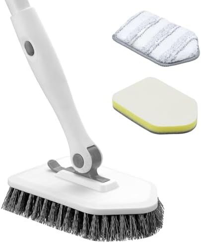 nacena Shower Scrubber with Long Handle, 4 in 1 Tile Tub Scrubber Brush with 3 Detachable Cleaning Shower Heads and Floor Squeegee Shower Cleaner Brush for Bathroom Kitchen Tub Sink Floor, Grey White by nacena