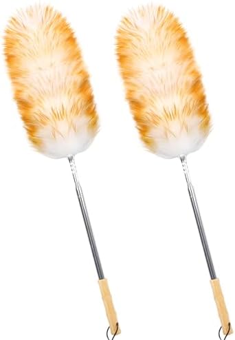 Lambswool Duster for Cleaning with Solid Wooden Handle Leather Hang Strap 87.8" Removable Retractable Feather Duster for Cleaning Ceiling Fans Window Blinds Interior Roof Furniture(2 Pack) by iHUFeather
