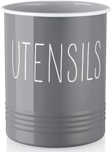 Bivvclaz Gray Kitchen Utensil Holder, 6.7" Utensil Holder for Counter, Cooking Utensil Crock with Cork Bottom, Modern Farmhouse Kitchen Decor, Countertop Utensil Storage Organizer Caddy by Bivvclaz