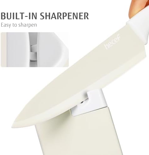 hecef 15Pcs Cream White Kitchen Knife Set, Built-in Sharpening Wooden Block - Image 4
