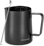 Milk Frothing Pitcher 12oz Steaming Pitchers Stainless Steel Milk Coffee Cappuccino Latte Art Barista Steam Pitchers Milk Jug Cup with Decorating Art Pen, Matte Black by Adorever