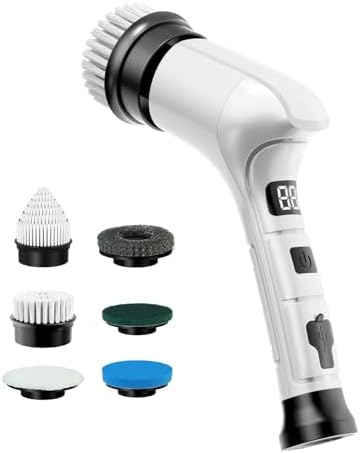 Electric Spin Scrubber, Cordless Household Cleaning Brush with 6 Replaceable Heads, 3 Speeds, LED Display, Lightweight Handheld Power Scrubber for Cleaning Stove/Bowl/Sink/Corner/Tile/Grout-White by KELAWE