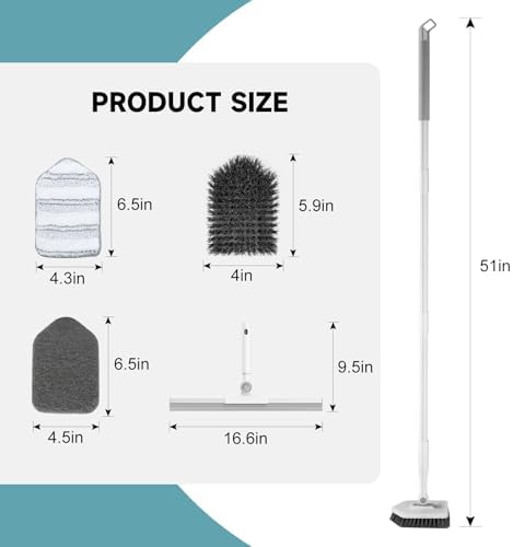 nacena Shower Scrubber with Long Handle, 4 in 1 Tile Tub Scrubber Brush with 3 Detachable Cleaning Shower Heads and Floor Squeegee Shower Cleaner Brush for Bathroom Kitchen Tub Sink Floor, Grey White - Image 2
