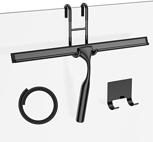Black 14-Inches Stainless Steel Shower Squeegee Set, Include Shower Door Hook, Adhesive Hook and Spare Silicone Blade, Window Squeegee for Shower Glass Door, Bathroom, Mirror, Window and Car Glass by SSTOOHL