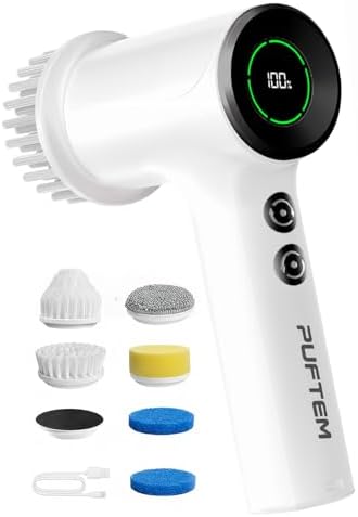 PUFTEM Shower Scrubber, Electric Spin Scrubber for Bathroom Cleaning – Cordless Shower Cleaner Brush with 6 Brush Heads, Dual-Direction Rotation, for Grout, Tile, Tub, Sink & Corners, White by PUFTEM