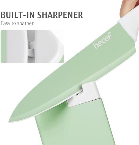 hecef 15 Pieces Green Kitchen Knife Set, Built-in Sharpening Wooden Block - Image 3