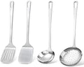 4 Pcs Cooking Utensils Set, Stainless Steel Kitchen Utensils, Heat Resistant Metal Kitchen Tools Include Solid & Slotted Turner Wok Spatula, Serving Spoon, Ergonomic Handle, Easy to Clean, Silver by Unknown
