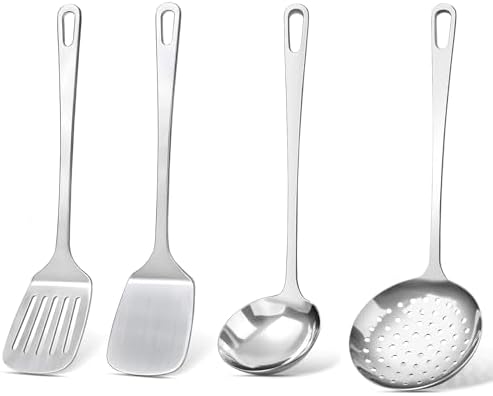 4 Pcs Cooking Utensils Set, Stainless Steel Kitchen Utensils, Heat Resistant Metal Kitchen Tools Include Solid & Slotted Turner Wok Spatula, Serving Spoon, Ergonomic Handle, Easy to Clean, Silver by Unknown