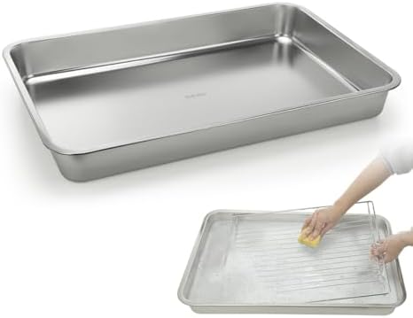 LANMU Stainless Steel Oven Rack Cleaning Tray, Large Capacity Soaking Tray for Grill Grates, Roasting Pans, Cooling Racks, Air Fryer Parts and More, Reusable & Leak-proof Oven Shelf Cleaning Tool by LANMU