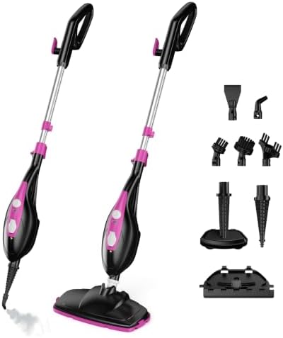 OLIXIS 10-in-1 Steam Mop, 1550W Detachable Handheld Steam Cleaner for Floor Cleaning, 16.4FT Cord, 2 Washable Pads, Multi-Purpose Floor Steamer for Hardwood, Carpet, Tile, Grout, Windows, Black Pink by OLIXIS