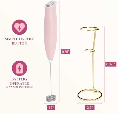 Paris Hilton Electric Handheld Milk Frother with Double Coil Head Whisk and Gold Metal Stand, Battery Powered (2 AA Batteries Required but Not Included), Pink - Image 6