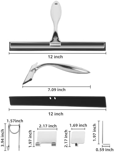 All-Purpose Stainless Steel Shower Squeegee Come with S Hook, 2 Square Sticky Hook 2 Rubber Strips Shower Squeegee for Glass Doors, Windows, Mirrors, Tiles and Car Glass -12 Inches Silver - Image 2