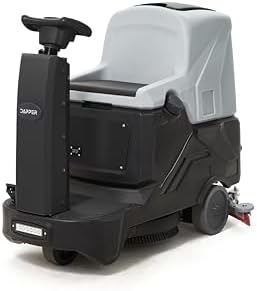 Battery Powered Ride-On Commercial Floor Scrubber Machine, 22" Brush, 31.5" Squeegee Width, 19 gal Solution Tank, 20 gal Recovery Tank, 5 hr Use 7 hr Charge, 200 RPM, 48,400 Sqft/H, Batteries Included by DapperSupply