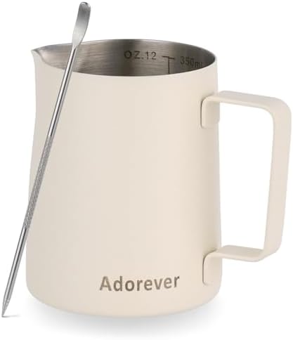Milk Frothing Pitcher, 350ml/12oz Steaming Pitchers Stainless Steel Milk Coffee Cappuccino Latte Art Barista Steam Pitchers Milk Jug Cup with Decorating Art Pen, Matte White by Adorever