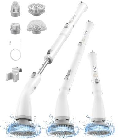 HiCOZY Electric Spin Scrubber HS1, Cordless Shower Scrubber for Cleaning with 4 Replaceable Brush Heads Adjustable Extension Handle, IPX7 Waterproof Cleaning Brush for Bathroom Floor White by HiCOZY