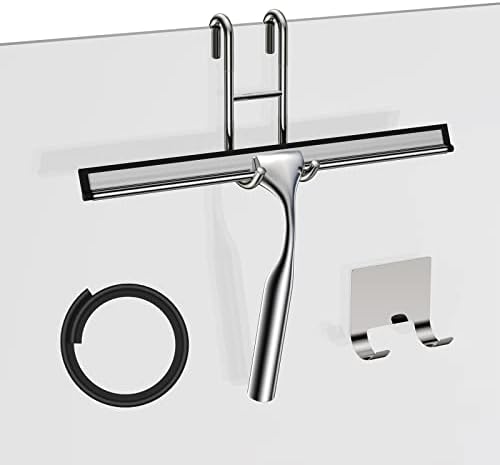 Stainless Steel Squeegee for Shower Glass Doors, 10-Inch All-Purpose Squeegee with Replacement Blade and Matching Hooks Holder, Silver by SSTOOHL