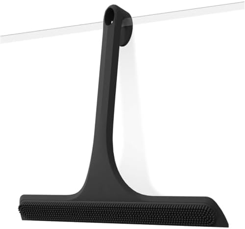 2-in-1 Silicone Shower Squeegee with Hook,Dual-Sided Design with Scraper & Scrub Surface,Rust-Proof Stainless Core,Streak-Free Bathroom Squeegee for Glass Doors,Mirrors,Windows,Car Windshields (Black) by Unknown